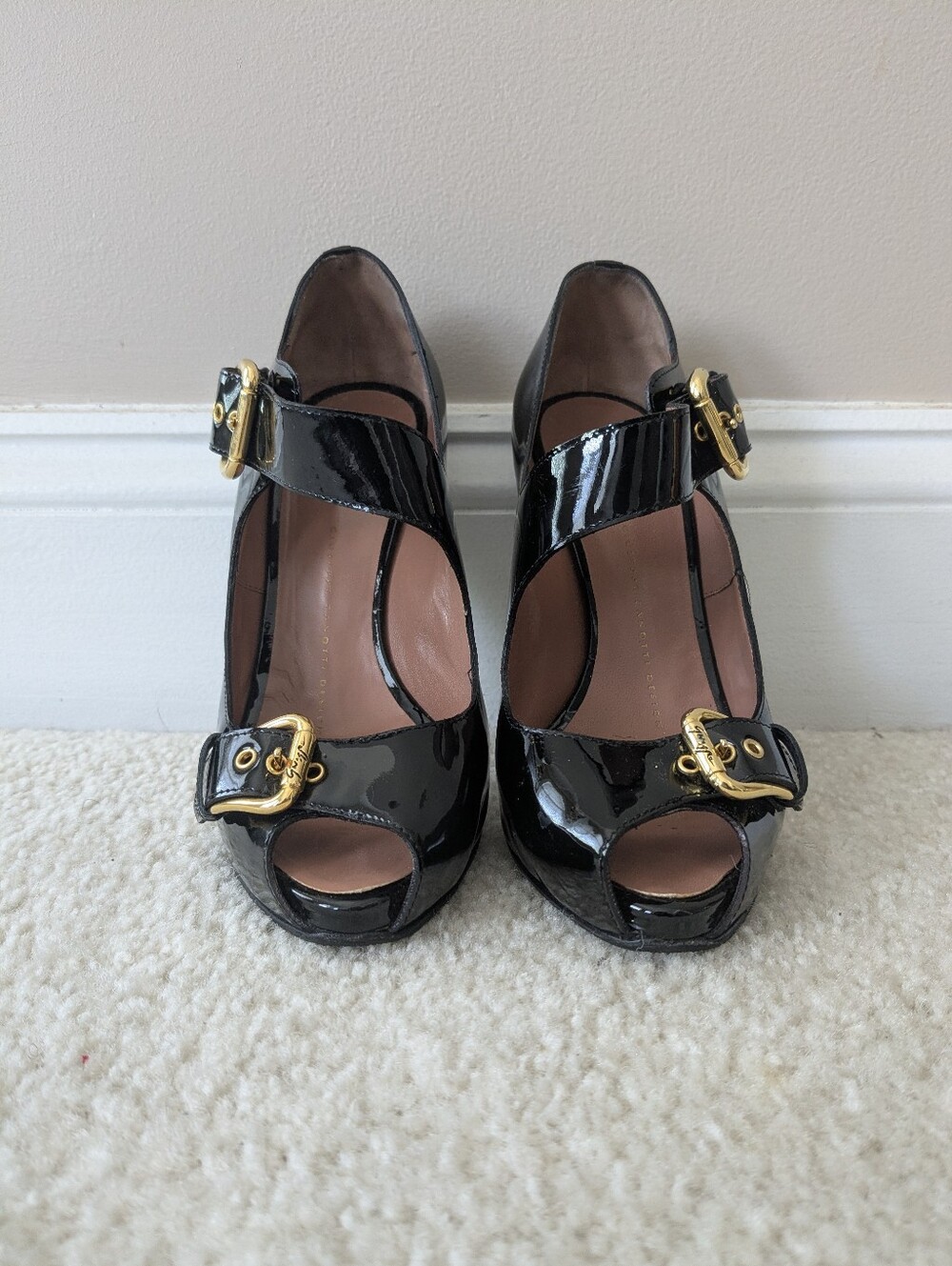 Giuseppe Zanotti black patent leather heels with gold buckles